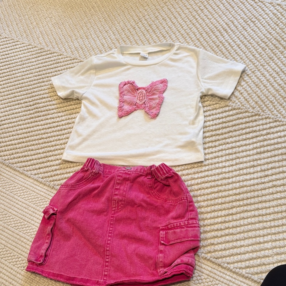 White Tee with Pink Bow and Pink Skirt Set